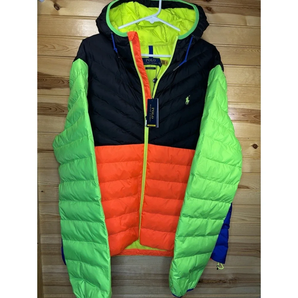 Polo Ralph Lauren Performance Hooded Puffer Jacket Mens‎ XL Neon Colorblock NWT